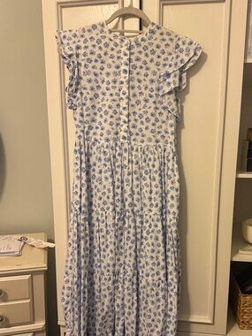 Olivaceous White Maxi Dress with Blue Floral Print